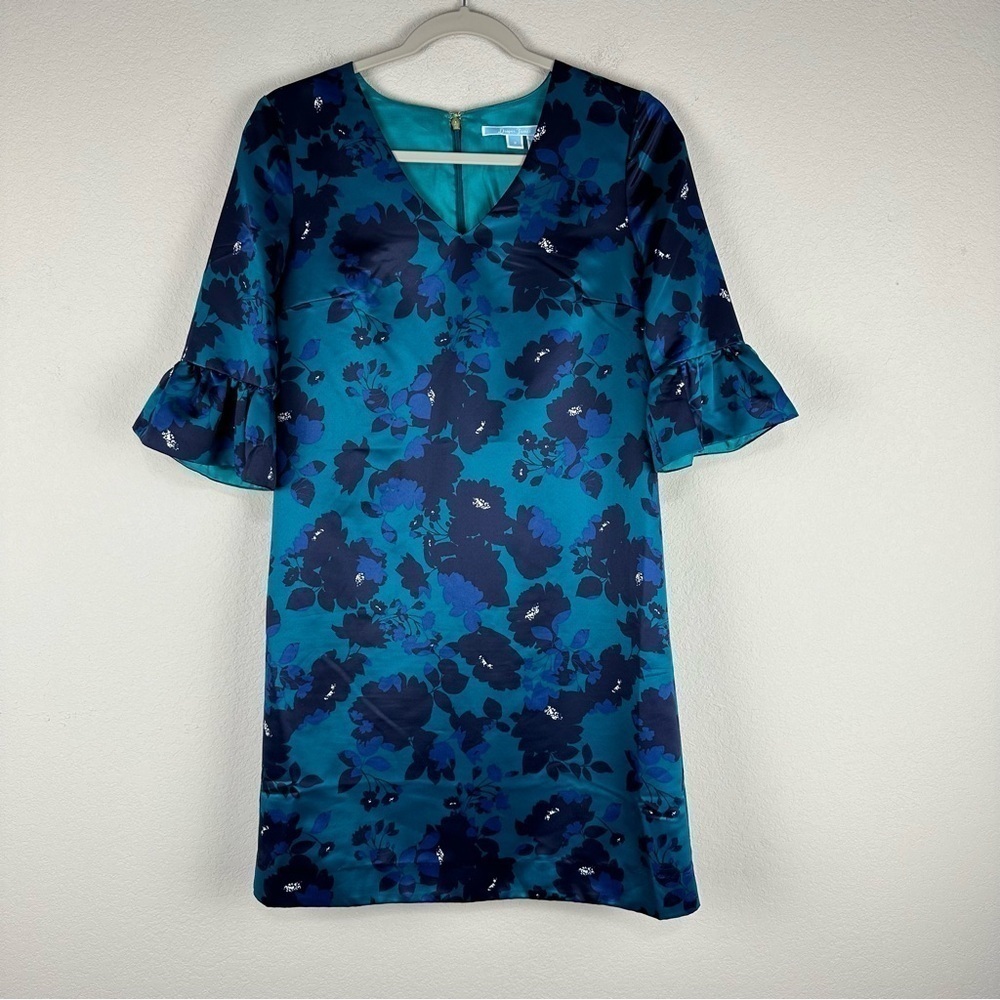 Draper James Blue Green Floral A-Line 1/2 Sleeve Dress Size 2